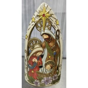 Roman Inc Cloisonne Holy Family Nativity Scene Jeweled Candleholder